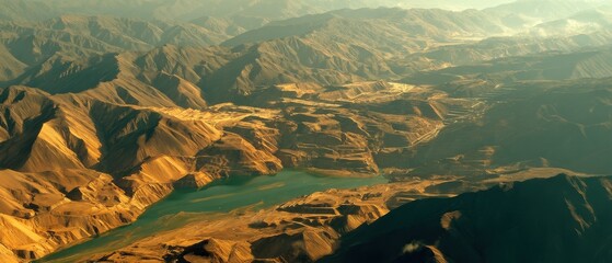 Aerial View of Band-e Amir Lakes and Mountains in Afghanistan, High Angle Shot, Golden Hour Light, Rugged Terrain