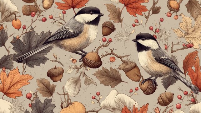 Autumn birds and fall foliage seamless pattern