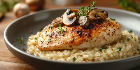 Juicy chicken breast served over creamy mushroom risotto garnished with fresh herbs in a cozy dining setting