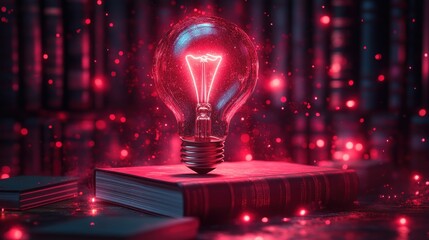 Glowing lightbulb on books in dark library.