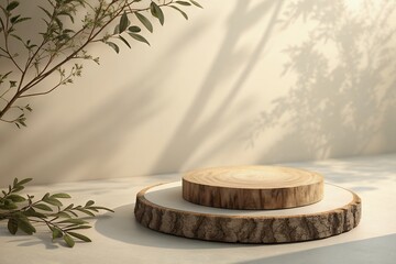 Minimalist Wooden Product Display Platform with Natural Lighting and Greenery