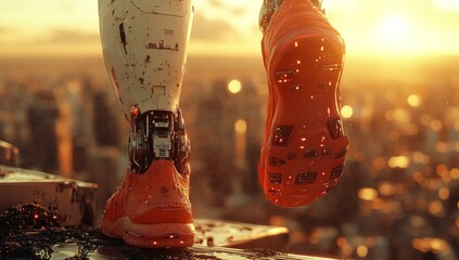 Cyborg walks on a rooftop, sunset city view