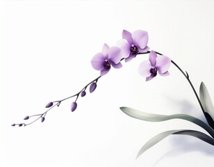 Fototapeta premium Elegant Lavender Orchid: A graceful lavender orchid branch, exhibiting delicate blossoms and budding blooms, elegantly curves against a clean backdrop.