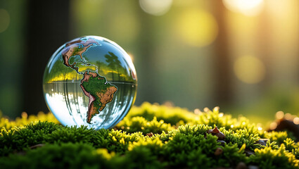 A transparent globe rests on a bed of vibrant green moss, reflecting the natural environment