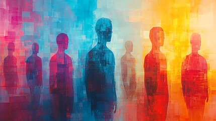 Abstract painting of silhouetted figures in vibrant colors and pixelated style