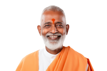 Smiling Hindu Monk on Transparent Background – Peaceful Spiritual Guru, Ascetic Yogi, Calm Expression, Meditation Icon, Indian Holy Man, PNG Image for Mindfulness and Wellness Design. PNG CUT OUT

