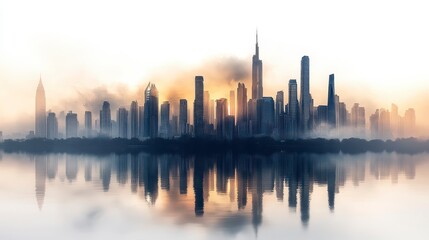 Naklejka premium Skyline reflects in water, shrouded by mist, towers reach towards the sky at dawn
