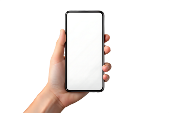Hand holding modern smart phone mockup on transparent background.PNG - Powered by Adobe