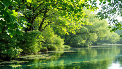Fototapeta premium Serene river flowing through lush green forest. Tranquil nature scene.