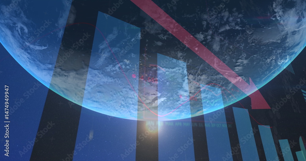 Poster image of statistics and data processing with red arrow over globe