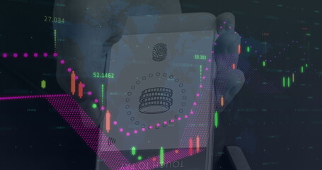 Image of data processing over hand holding smartphone