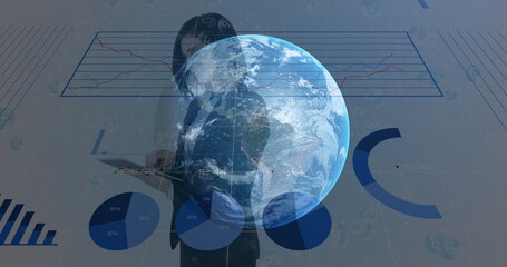 Image of statistics and data processing and caucasian businesswoman over globe