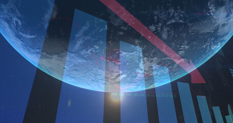 Image of statistics and data processing with red arrow over globe