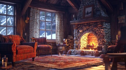 Cozy Winter Cabin Escape: A Warm Fireplace & Snowy View
