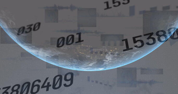Image of statistics and data processing with numbers over globe