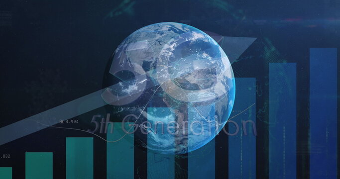 Image of statistics and data processing with blue arrow over globe - Powered by Adobe