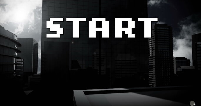 Image of start text over cityscape