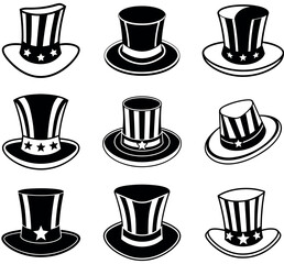 Uncle Sam Top Hat Icons Set, Vector Illustration of Patriotic American Hats