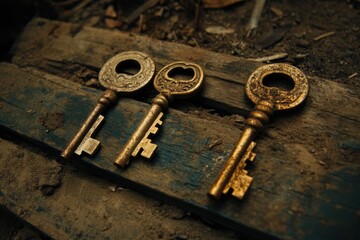 Three Antique Keys Resting on Weathered Wooden Planks Close Up Still Life Photography in Rustic Setting