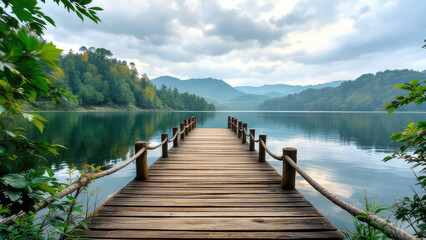 Obraz premium Wooden dock extending into a serene lake, mountains in the background.