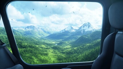 Aerial View of Majestic Mountains and Lush Green Valley Seen Through a Vehicle Window