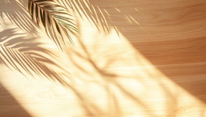 Light Beige Wooden Surface with Palm Leaf Shadow