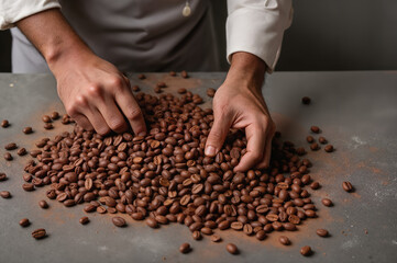 Fototapeta premium Artisan Hand Sorting Cocoa Beans – Quality Selection Process in Chocolate Production for World Chocolate Day Celebrations and Chocolate Factory Tours