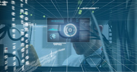 Image of digital padlock over technology icons and data processing on blue background