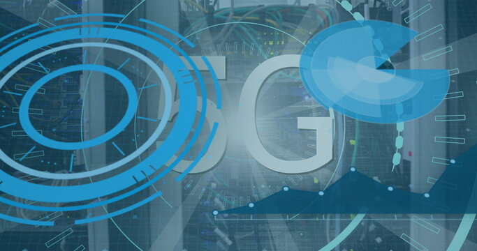 Image of 5g text, scopes scanning and data processing over servers