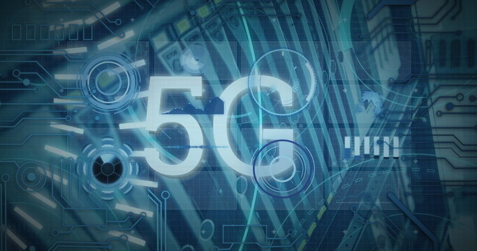 Composition of scopes scanning and digital data processing on blue background