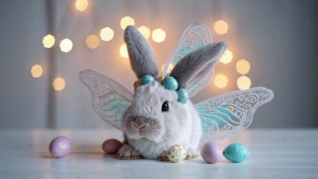 A bunny with soft fluffy fur and beautiful fairy wings, surrounded by delicate pastel eggs, evokes joyful feelings