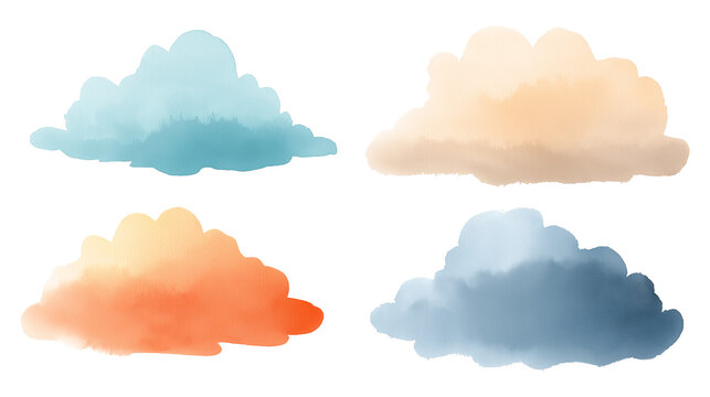 Watercolor clouds in various colors, isolated on white