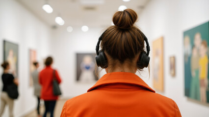 Museum Audio Guide Experience - Young Woman with Headphones in Modern Art Gallery for International Museum Day, Cultural Education, and Virtual Tour Content