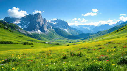 Fototapeta premium Stunning mountain valley landscape with wildflowers and blue sky