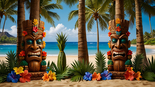 A vibrant tiki statue with a floral crown stands on a tropical beach surrounded by palm trees colorful flowers and ocean waves under a sunny sky with natural background ai.