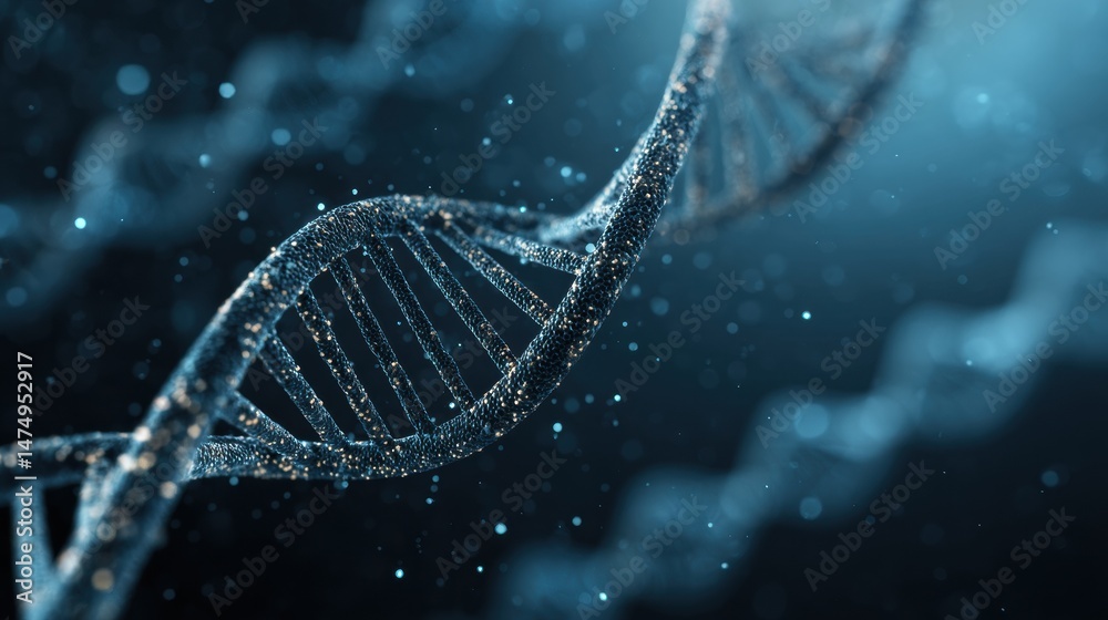 Poster floating abstract dna helix in a clean blue space, representing genetic structure and innovation in 