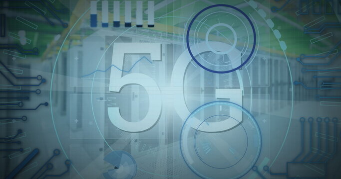 Image of 5g text, scopes scanning and data processing over servers