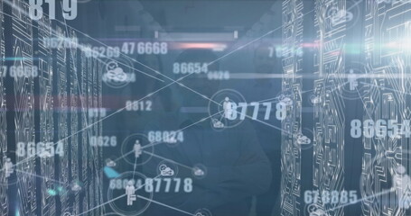 Image of data processing and icons over cityscape