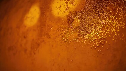 Obraz premium Close-up view of an amber liquid, possibly beer or cider, with sparkling, icy texture. Gold specks and shadows create a warm, inviting ambiance