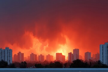 Fototapeta premium Dramatic sunset casts fiery glow over urban skyline with dense clouds and silhouetted buildings