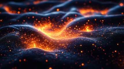 Abstract glowing waves with fiery particles in dark background
