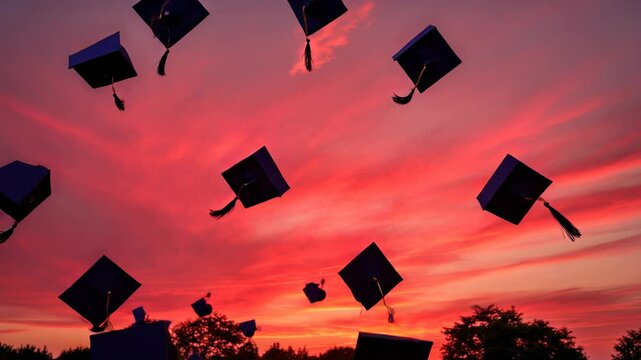 Graduation caps flying in the vibrant sky during sunset, symbolizing achievement and celebration
