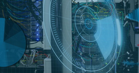 Image of scope scanning and data processing over tech room with computer servers