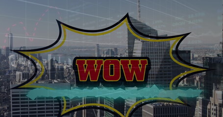 Image of financial graphs and wow over cityscape