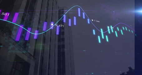 Image of financial graphs over office buildings