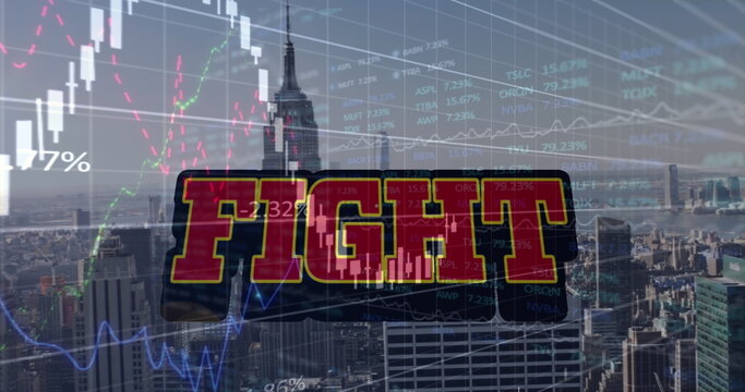 Image of financial graphs and fights over cityscape - Powered by Adobe