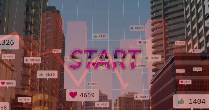 Image of financial graphs, start and social media reactions over cityscape