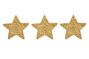 Three gold glitter stars, aligned horizontally on a plain white background.  Each star has a textured, glittery surface