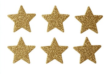 Six gold glitter stars arranged in a grid pattern on a white background.  Each star is composed of fine gold glitter adhered to a flat surface