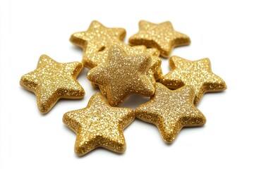 Golden glitter stars cluster.  A collection of small, star-shaped decorations, densely packed together,  glistening with gold glitter on a white background